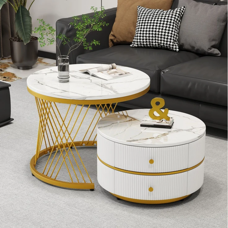 2-teiliges Couchtisch-Set mit Marmoroptik, runde Beistelltische mit Schubladen, Hochglanz Weiß, MDF Wohnzimmertische Set – Bild 3