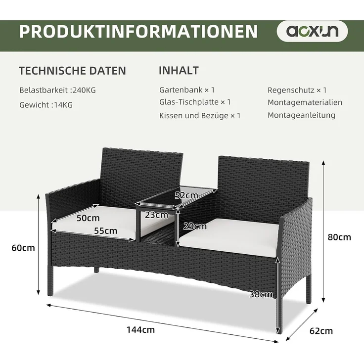 Aoxun 2-Sitzer-Gartenbank aus Rattan, extrabreite Outdoor-Zweisitzerbank mit seitlichem Ablagetisch 144x62x80cm, bequemes Terrassenmöbel-Set mit Kissen und Regenschutz für Garten, Balkon, Cremefarben – Bild 2