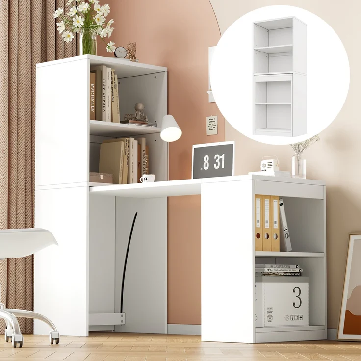 Flieks Schreibtisch 130x55x137 cm Klapptisch 2-in-1 mit Stauraum & Schrank, Multifunktionaler Computertisch mit 4 Fächern, Weiß – Bild 1