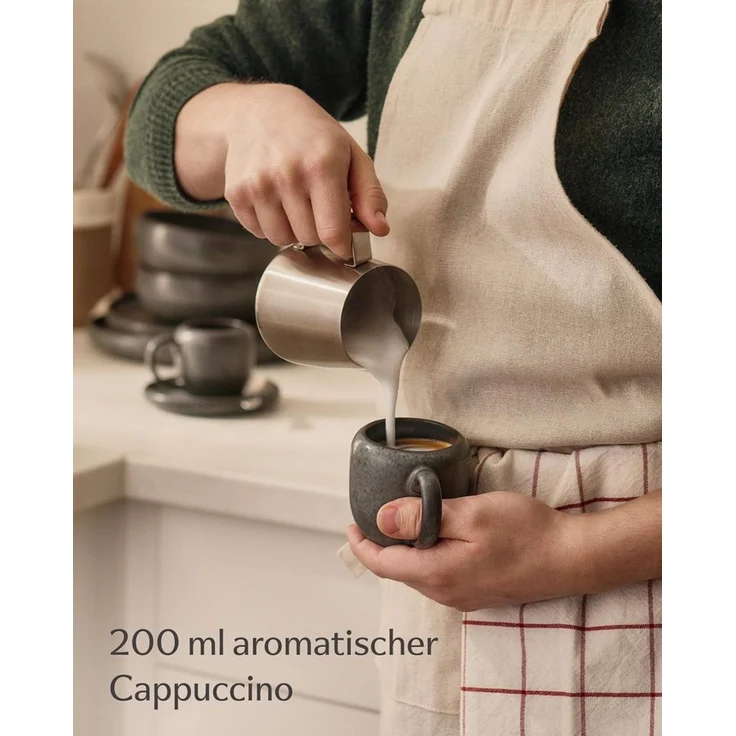 Cosumy Cappuccinotasse 4er Cappuccino Tassen Set mit Untertassen Weiß – 200 ml Keramik, 4-tlg, Steingut, Handglasiert, Spülmaschinenfest & Mikrowellengeeignet, 4er Set – Bild 3