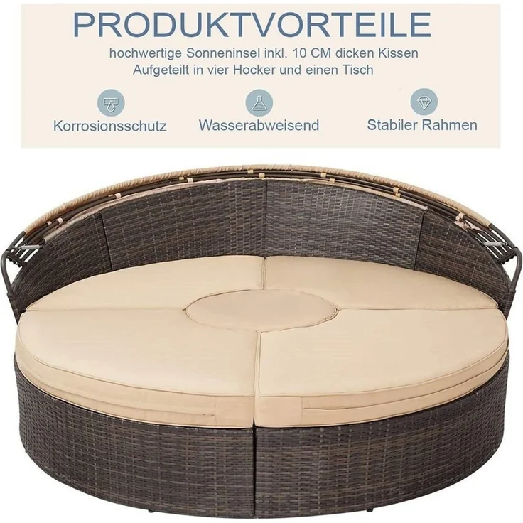 Melko Gartenlounge-Set Polyrattan Sonneninsel Tisch & Kissen 180CM Strandkorb Set, (Stück), Wasserabweisend – Bild 3