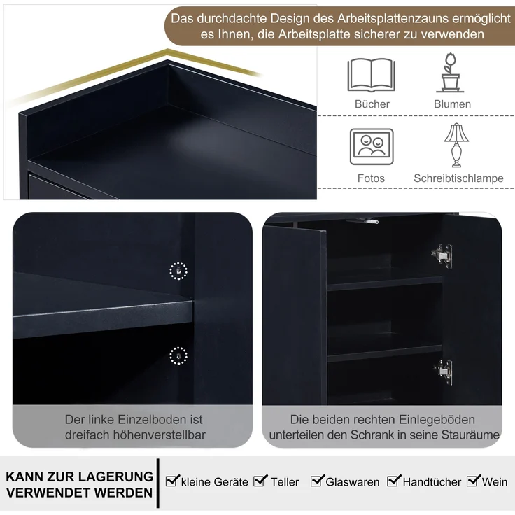 Sideboard, 120x30x80 cm, schwarzes Sideboard im minimalistischen Stil, 4-türig, grifflos – Bild 9