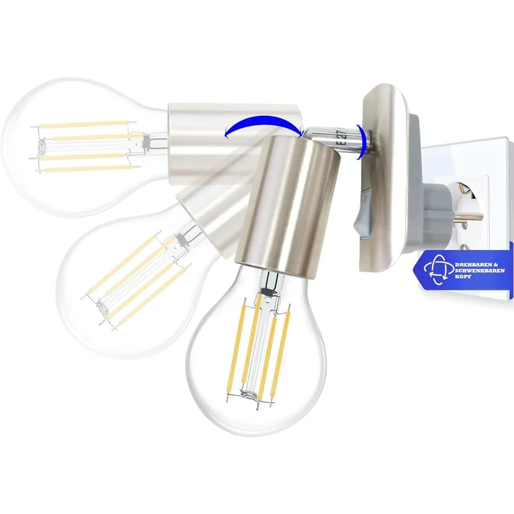 TRANGO LED Steckdosenleuchte, 11-060 LED Steckerleuchte inkl. 1x 8 Watt 3000K warmweiß E27 LED Leuchtmittel in Nickel matt *ANNA*, Wandleuchte, Leselampe, Küchenlampe, Wandleuchte, Leselampe, Küchenlampe, Nachtlicht, Wandlampe – Bild 1
