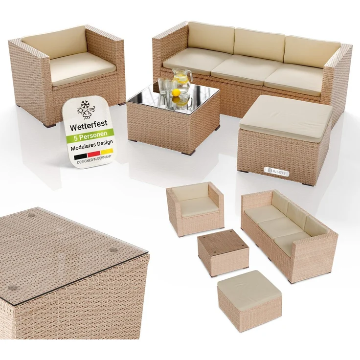 Juskys Polyrattan Lounge Punta Cana L creme – Gartenlounge für 4-5 Personen – Sitzgruppe mit Sessel, Sofa, Tisch & Hocker - Sitzbezüge Sand – Bild 1