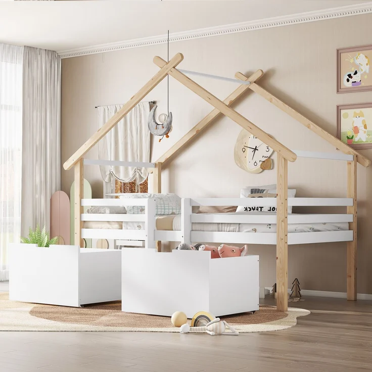 Kinder Hausbett 90x200 halbhoch mit Dach & 2 Schränken - Weiß+Natur, mit Treppe,Sicherheitszaun, Stauraum,Spielbett – Bild 2