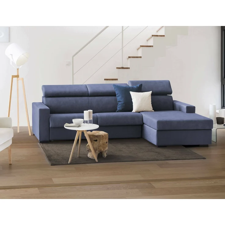 Dmora Sofa mit Halbinsel Angera, Ecksofa mit rechter Chaiselongue aus Stoff, schmale Armlehnen, 100 % Made in Italy, 260 x 95 x 85 cm, Blau – Bild 2
