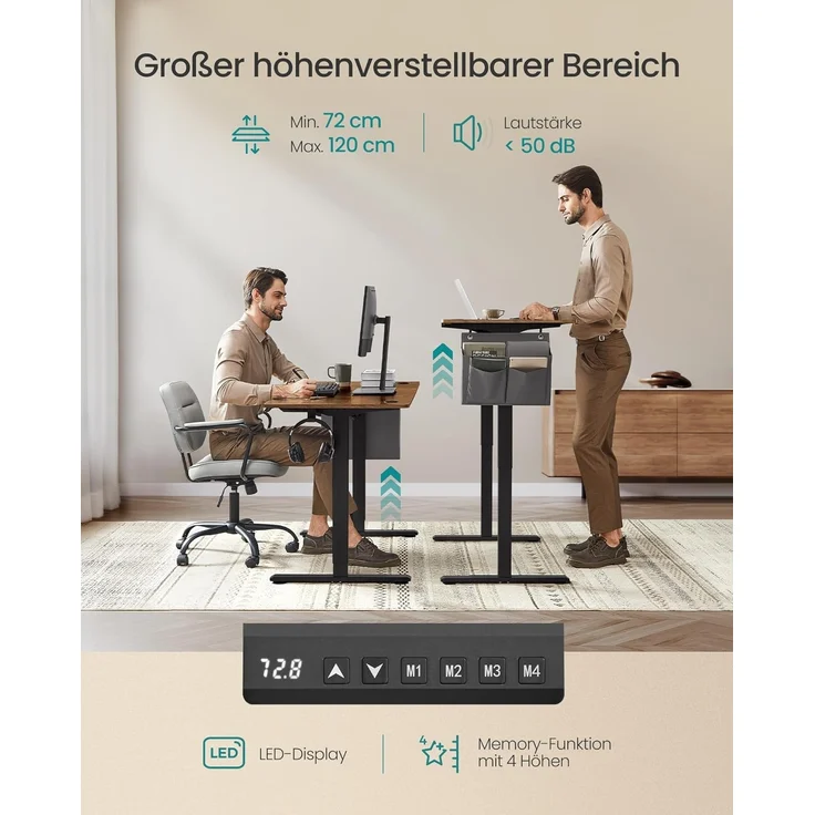 Songmics Höhenverstellbarer Schreibtisch elektrisch, 70x160 x (72-120) cm, Verstellbarer Tisch, Memory-Funktion für 4 Höhen, für Homeoffice, Arbeitszimmer, vintagebraun-tintenschwarz LSD136K01 – Bild 5