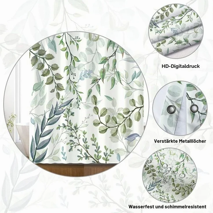 FOUORTUNATE-BEE Duschvorhang Duschvorhang mit Eukalyptus-Blätter-Motiv, aus Polyesterstoff Breite 120 cm, wasserdicht und schimmelresistent, waschbar, für Badezimmer – Bild 4