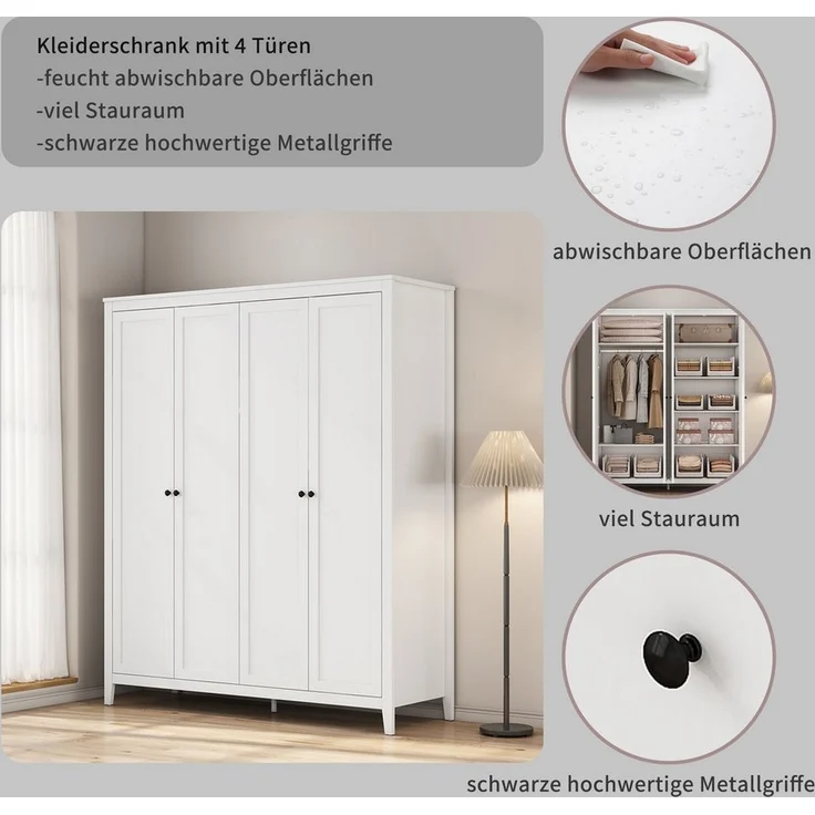 OTTO home Kleiderschrank Borkum Schlafzimmerschrank Garderobe Landhaus Bestseller weiß (schwarze Griffe aus Metall) Schlafzimmerschrank mit 6 Böden und Kleiderstange, 5 Türen – Bild 2