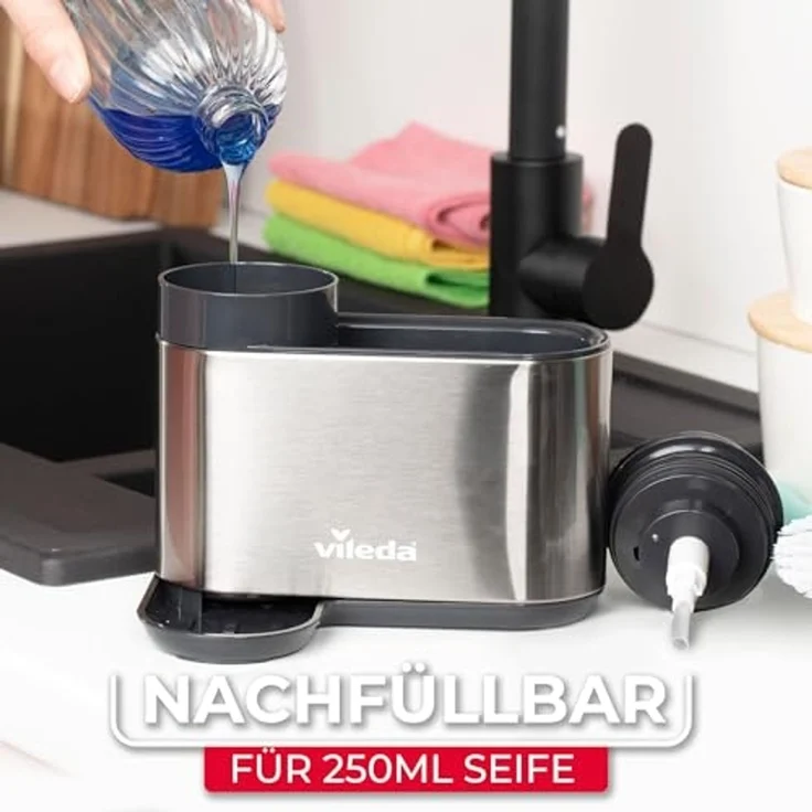 Vileda Küchenorganizer-Set Spülbeckenorganizer mit Seifenspender Edelstahl, (Set, Set), mit Seifenspender für Schwämme & Bürsten – Bild 5