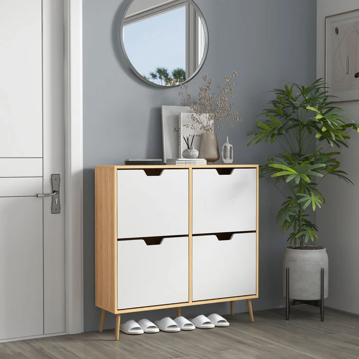 Schuhschrank mit 4 Klappen für 16 Paar Schuhe, mit verstellbarem Einlegeboden, Füße aus Kiefernholz, 95 x 26 x 95 cm, natur – Bild 3