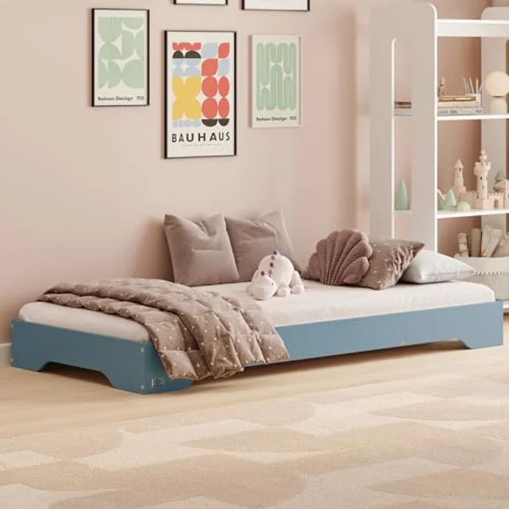 smartwood Kinderbett 140x200 Blau - Bodenbett aus Kiefernholz mit FSC-Zertifikat - Montessori Bett mit geradem Lattenrost bis zu 300 kg für Jungen und Mädchen - Einfache Montage - TILA 7 – Bild 1