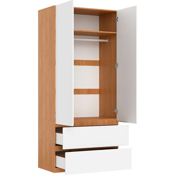 Kleiderschrank mit oberem Staufach, Garderobenschrank, 90 x 50 x 200 cm, mit 1 Kleiderstange, 2 Schubladen und 2 Türen, moderner Hochschrank für Schlafzimmer, Flur, Kinderzimmer oder Büro (Eiche/Weiß)--Weiß--90x50x200cm--YOUDENOVA – Bild 8