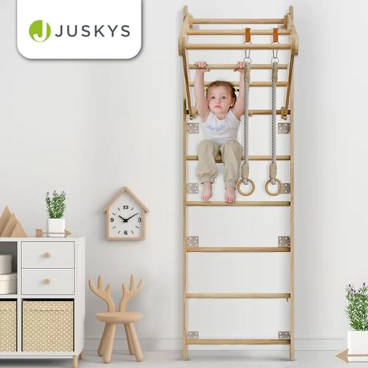 Juskys Sprossenwand für Kinder - mit Klimmzugstange, Indoor Klettergerüst mit Turnringen und Strickleiter, Kletterwand fürs Kinderzimmer, Turnstange – Bild 8