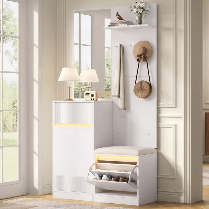Garderobe,Kompaktgarderobe, Flurgarderobe, Garderoben Set, Schuhschrank, Schuhbank, Schuhkipper, Garderobe mit Spiegel,LED Garderobe(Not a one-piece product, holes need to be drill on the wall)--Weiß--105x38x190cm--YOUDENOVA – Bild 5