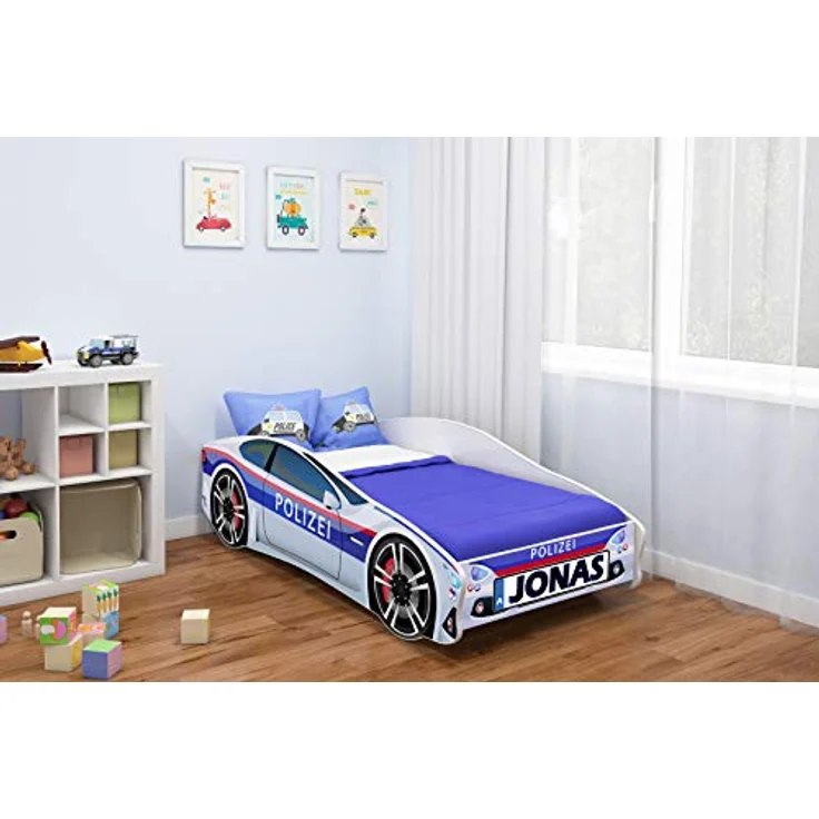 ACMA Kinderbett Auto-Bett Polizei mit Rausfallschutz, Lattenrost und Matratze (Polizei 3, 160x80 cm + Name) – Bild 3