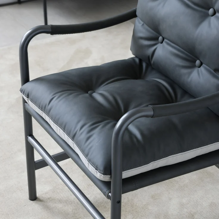 Mid-Century-Kunstledersessel mit schwarzem Metallgestell und Armlehnen, gepolsterter Akzent- und Lesesessel für Wohn- und Schlafzimmer, Schwarz – Bild 2