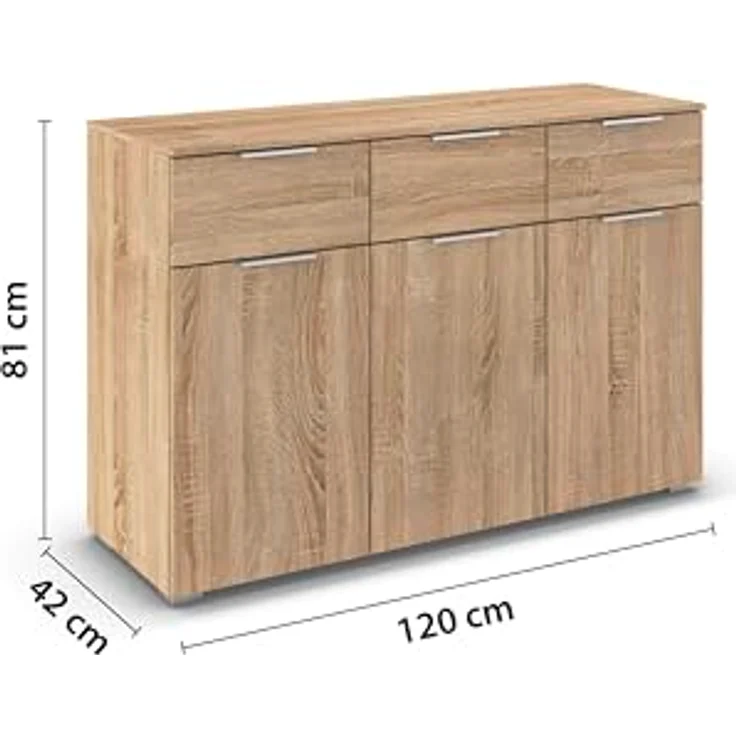 Rauch Möbel Alabama, Kommode für Schlafzimmer, Kinderzimmer, Garderobe, Flur, 3-türig, mit 3 Schubladen, Soft-Close-Fuktion, Farbe Eiche Sonoma, Holz, Griff Alufarben, Maße 120 x 81 x 42 cm – Bild 4