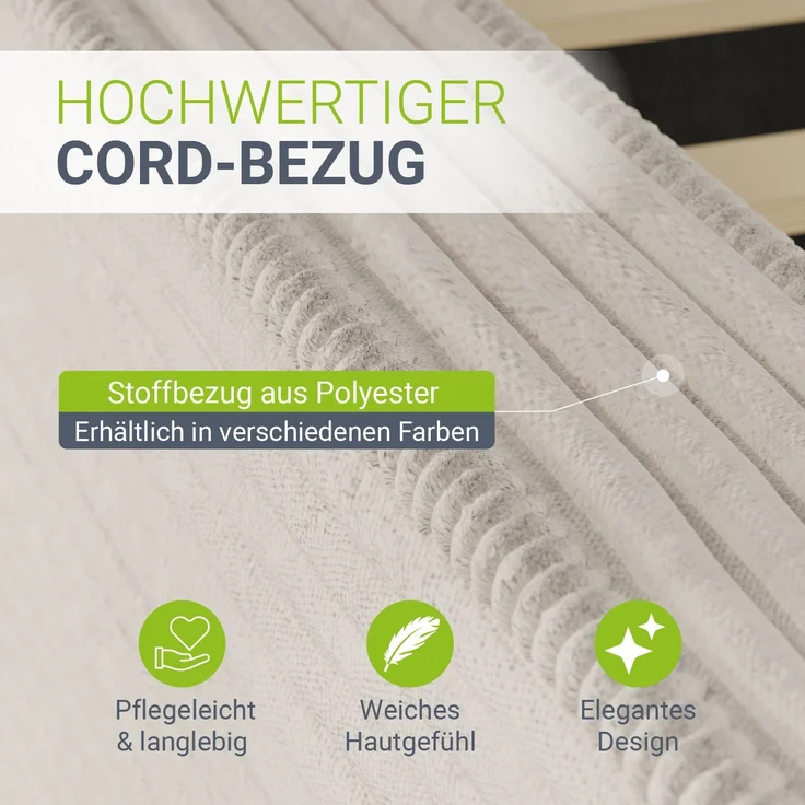 Juskys Polsterbett Salerno 140 x 200 cm – Cord Beige, modernes Bett mit Kopf- & Fußteil, stabilem Holz- & Metallrahmen, Lattenrost, 500 kg Tragkraft – Bild 4