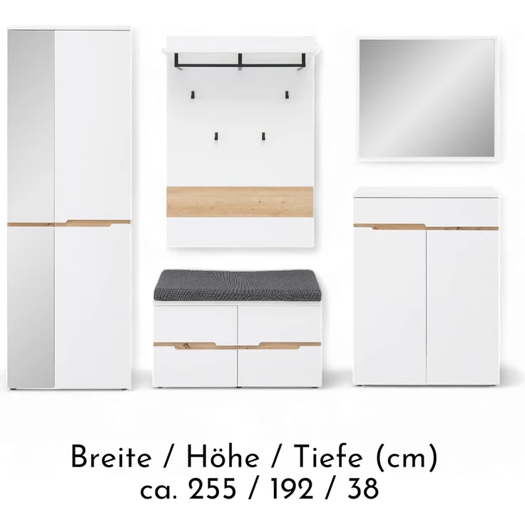 Stella Trading Memphis Flurgarderoben Set in Weiß, Artisan Eiche Optik - Modernes Garderobenset 5-teilig für Ihren Eingangsbereich - 255 x 192 x 38 cm (B/H/T) – Bild 7