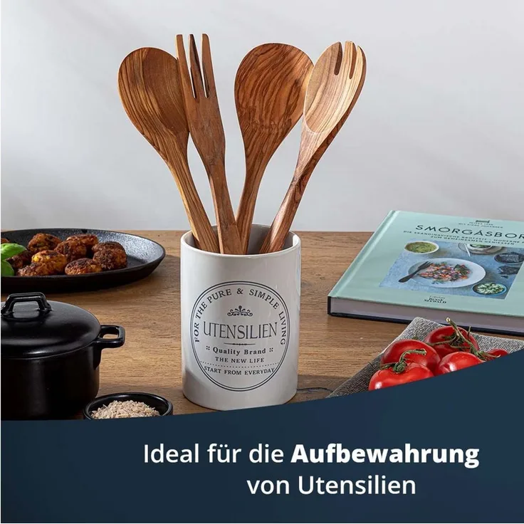 KHG Utensilienhalter Keramik Steingut, Behälter für Küchenutensilien wie Kochlöffel & Co, Weiß glasiert mit Emaille & Beschriftung, Behälter für Küchenutensilien