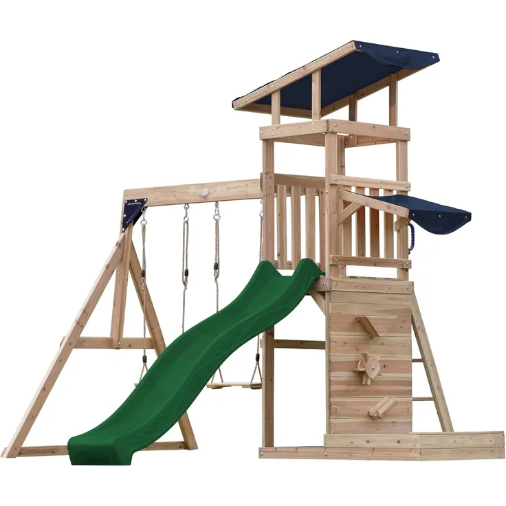 AXI Malik Spielturm aus Holz mit 2 Schaukeln XXL Spielhaus / Spielplatz für Kinder mit Sandkasten, Spielwand & Rutsche in Grün | Braun, Blau | Holz | 336 cm