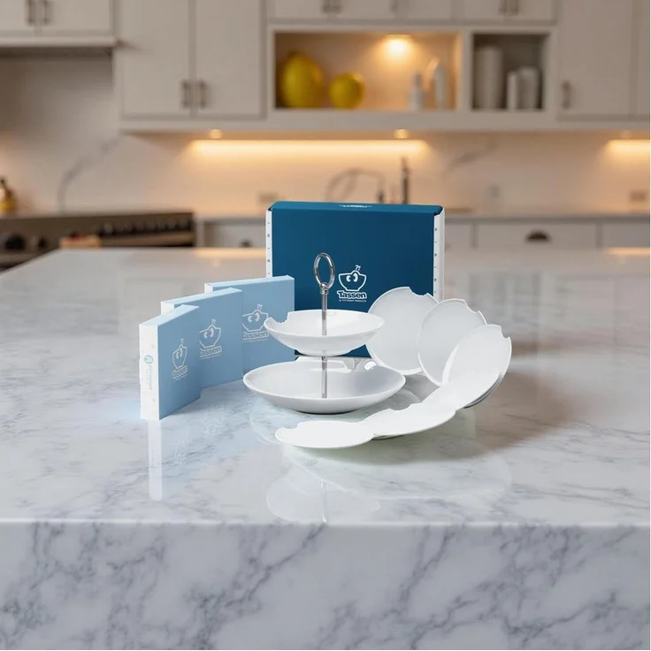 FIFTYEIGHT PRODUCTS Teller Food Tempel Party Set 7-tlg, Etagere + Tellerchen, weiß mit Biss – Bild 1