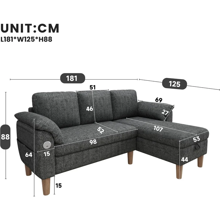 Merax L-förmiges Ecksofa, 3-Sitzer Sofa mit Stauraum-Chaiselongue, links/rechts montierbar, USB/Type-C-Ladeanschluss, Seitentasche, 2 halbfeste Armlehnenkissen, Chenille Stoff, Grau – Bild 4