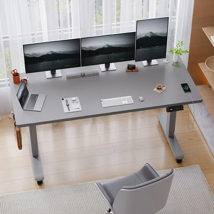 Devoko Höhenverstellbarer Schreibtisch Holzwerkstoff und Metall Grau 160 x 80 x 72-118 cm – Bild 1