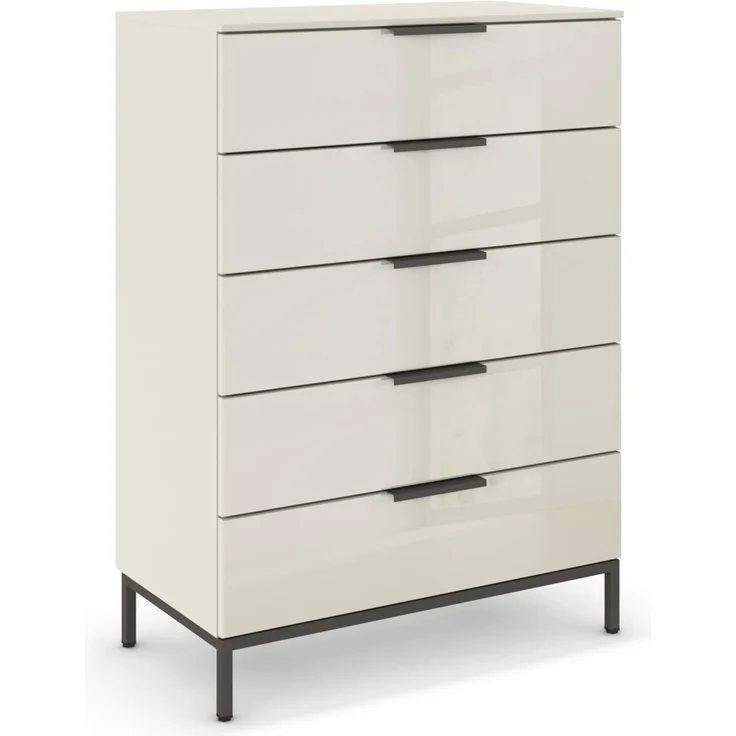 Rauch Möbel Flipp, Nachttisch für Schlafzimmer, Kinderzimmer, Wohnzimmer, Flur, Garderobe, 5 Schubladen, mit Softclose Funktion, Griffe und Metallkufe Graphit, Farbe Glas Beige, Breite 80 cm