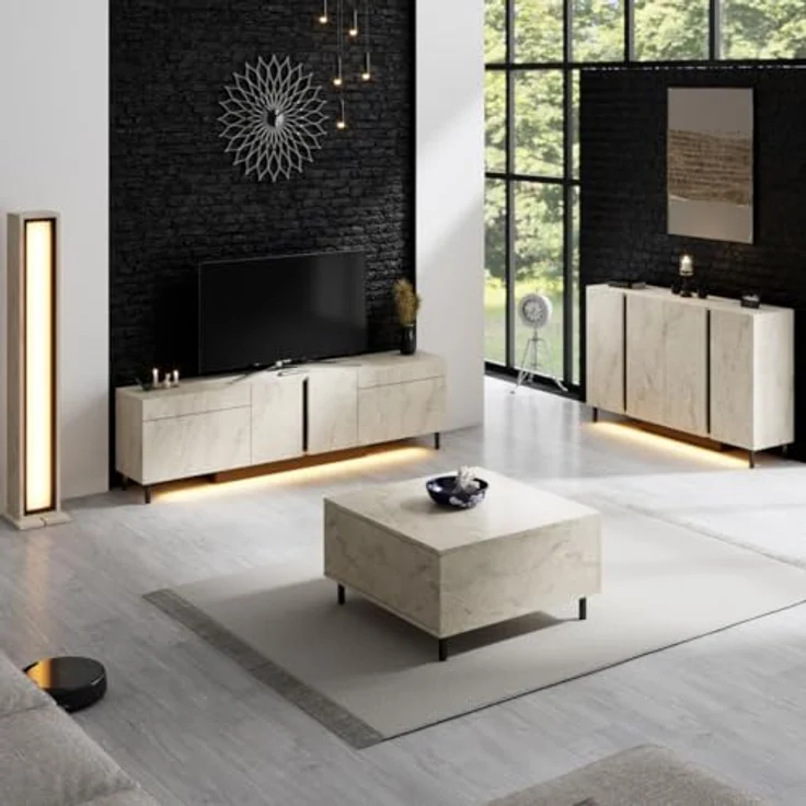 Moderner TV-Ständer mit LED-Beleuchtung, Travertin-Optik, 180 cm | 100% melaminbeschichtet, Metallbeine, RGB-Fernbedienung | Stilvolles und funktionales Design – Bild 6