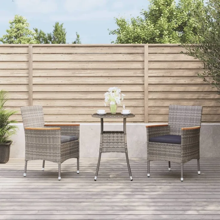 vidaXL 3-tlg. Garten-Bistro-Set mit Kissen Grau Poly Rattan 3187424