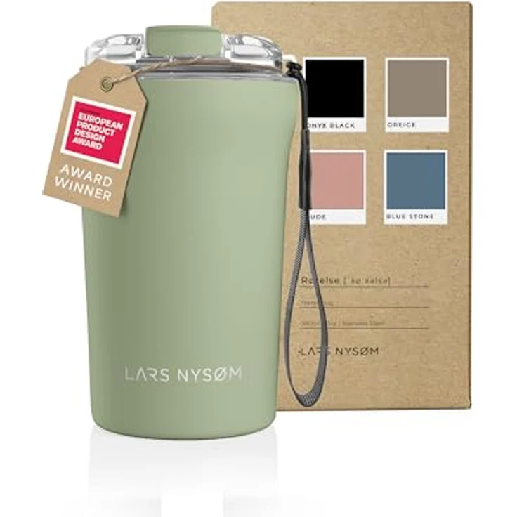 LARS NYSØM Rørelse Thermo Kaffeebecher to go mit Trageschlaufe & Tritan Deckel | Travel Mug 0,38 Liter mit Isolierung | Auslaufsicherer Edelstahl Thermobecher für Café & Tee (Sage Green, 380ml) – Bild 1