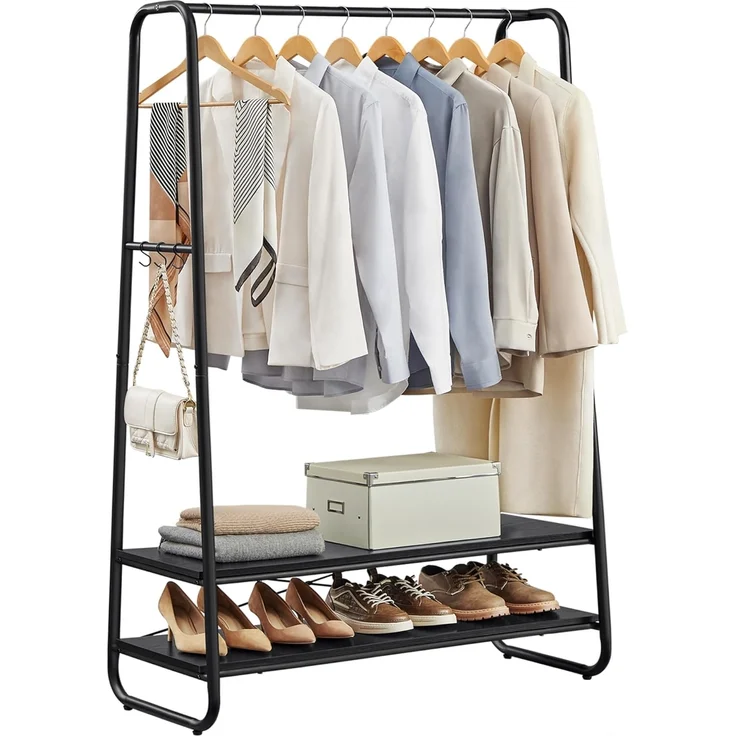 VASAGLE Kleiderständer, Garderobenständer, Garderobe, 2 Ablagen, 6 Haken in S-Form, Stahlgestell, für Schlafzimmer, Flur, Eingangsbereich, ebenholzschwarz-mattschwarz RGR112B03 – Bild 1