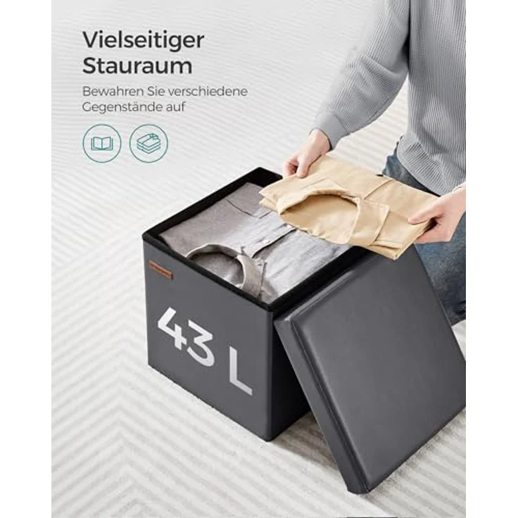 SONGMICS Sitzhocker 38 cm, Aufbewahrungsbox faltbar, Fußhocker mit Deckel, aus Kunstleder, bis 300 kg belastbar, für Eingang, Wohnzimmer, Schlafzimmer, schiefergrau LSF010G01 – Bild 7