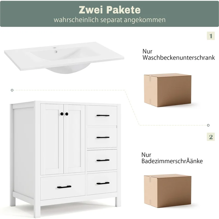 76*46*82 cm, freistehender Badezimmerwaschtisch, komplett lackiert, mehrere Schubladen zur Aufbewahrung, verstellbare Regalböden, integriertes Keramikwaschbecken, weiß. – Bild 10