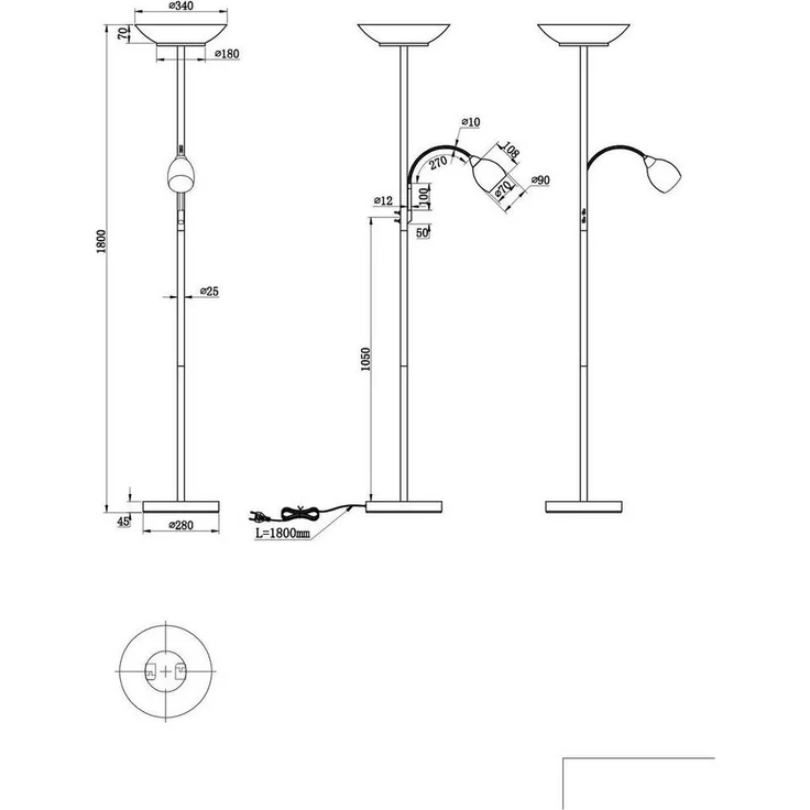 lightling Deckenfluter Klaus, Lichtquellen getrennt schaltbar, ohne Leuchtmittel, mit flexibler Leselampe, 180 cm hoch, nickel, Leuchtmittel tauschbar – Bild 3