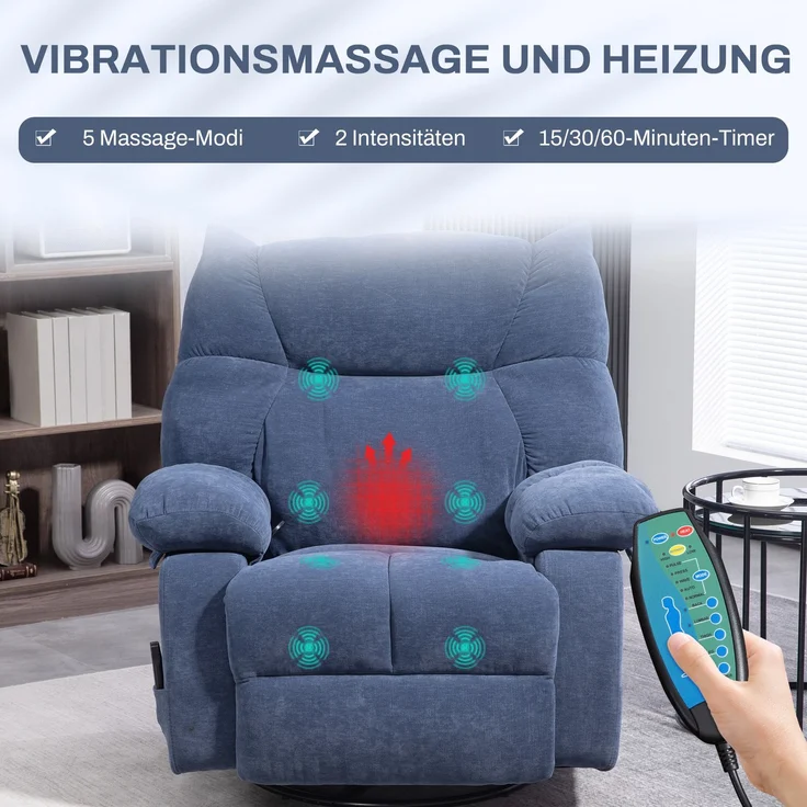 MELAYR, Massagesessel mit Wärme- & Liegefunktion, drehbar, bis 150 kg, Metallgestell, 98x90x98cm, Blau – Bild 6