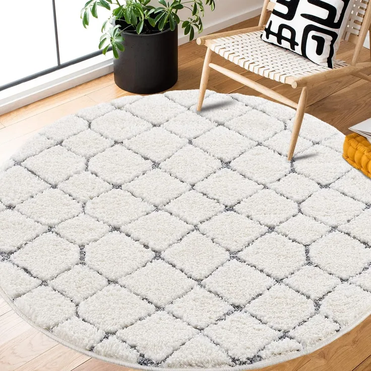Teppich Rund - Hochflor - Boho - Pastell Cream Grau - 160x160cm - Modern Raute Muster - Skandinavisch Flauschig Weich - Wohnteppich Schlafzimmer Dekoration