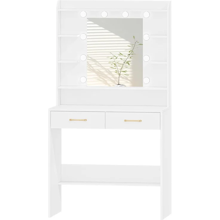 Schminktisch mit Spiegel, Schminktisch mit Ablageflächen und 2 Schubladen, für Schlafzimmer, Wohnzimmer, Verstellbare Helligkeit, 40 x 80 x 149 cm, Weiß – Bild 2