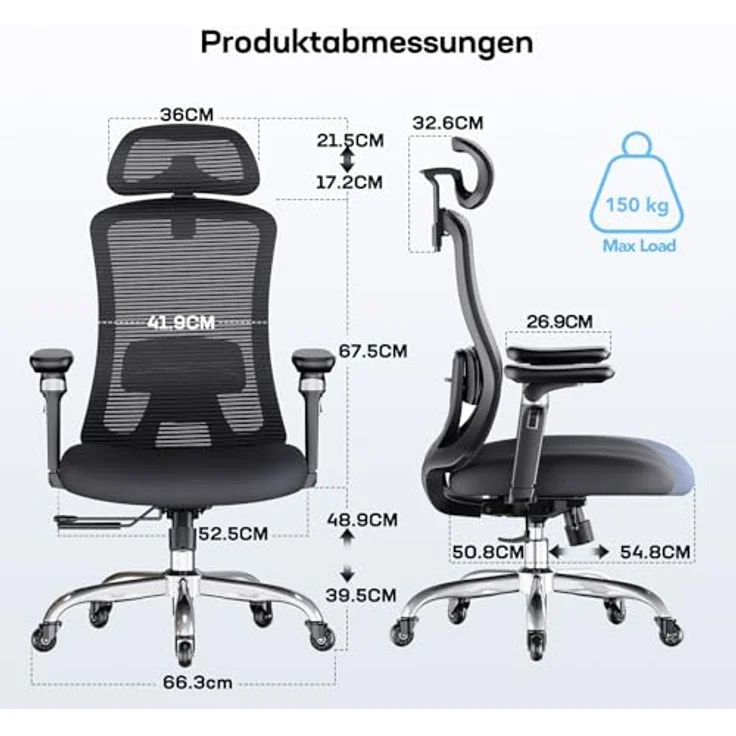 Marsail Bürostuhl mit 6D-Armlehnen, 3D-verstellbarer Kopfstütze, Schiebesitz, Lendenwirbelstütze, 4-Position-Neigungsschloss – hoher und großer Schreibtischstuhl mit Kapazität von 150kg, Schwarz, 4PCS – Bild 3