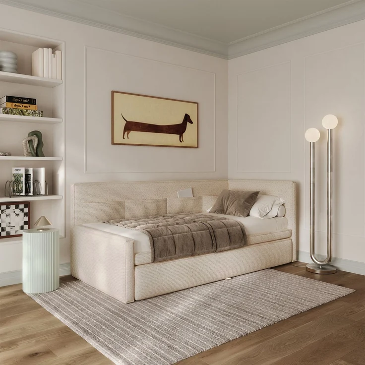 Selsey 'Nesmi' Polsterbett mit Bettkasten, Webstoff Hellbeige, 90x200 cm – Bild 2
