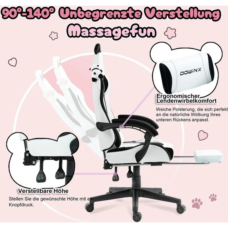 Dowinx Gaming-Stuhl Süße Katze Edition mit Katzenohren und Plüschtier (Packung), Ergonomischer Stuhl mit Hoher Rückenlehne und Lendenwirbelstütze – Bild 2