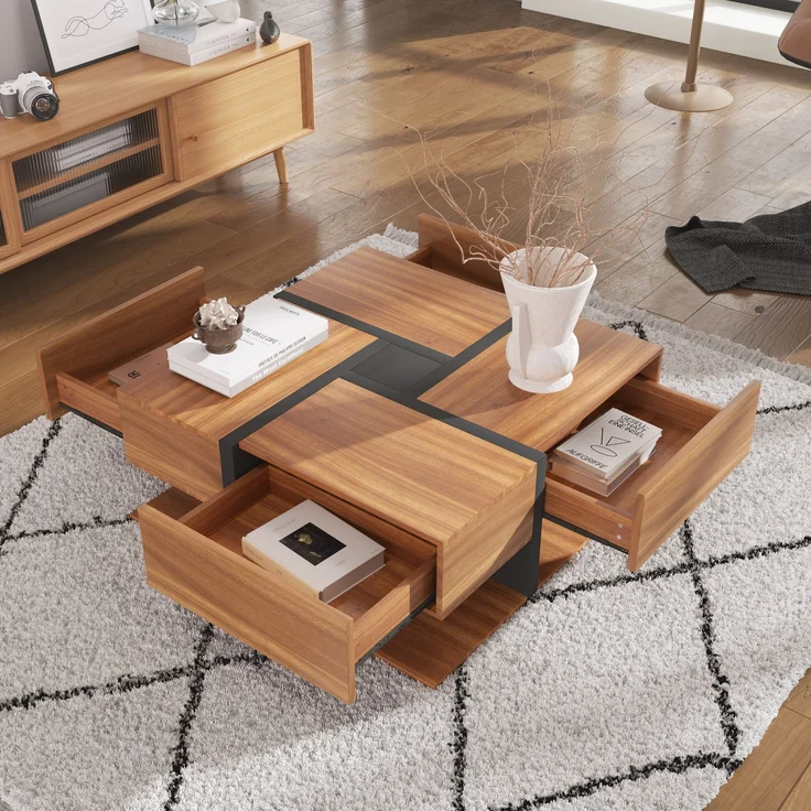Merax Hochglanz-Couchtisch, Tisch mit 4 Schubladen, einzigartige Farbabstimmung und Liniendesign, Stauraum unten, braun – Bild 4