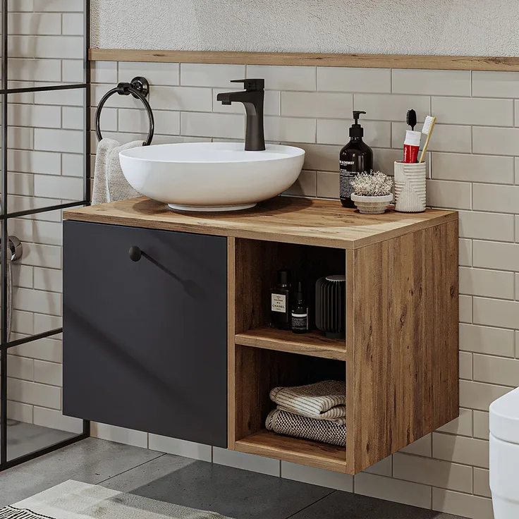Skye Decor '2453' Badezimmerschrank mit Waschbecken, Atlantik-Kiefer / Anthrazit, 75 x 58 x 45 cm