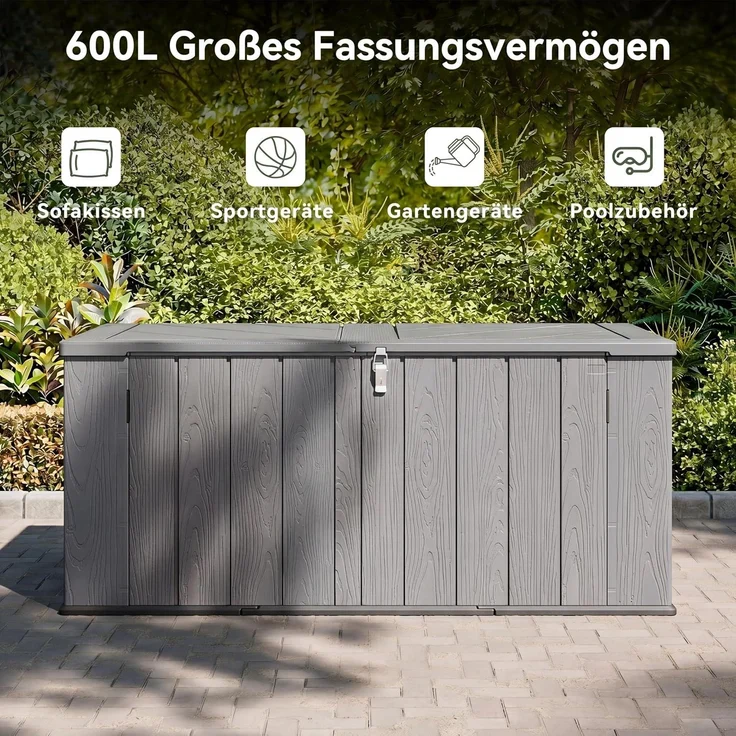 Aoxun Gartenbox aus Harz 600L,Auflagenbox Wasserdicht Außenmaße:142 x 67 x 63 cm,Wetterfest,Abschließbar,Grau – Bild 5