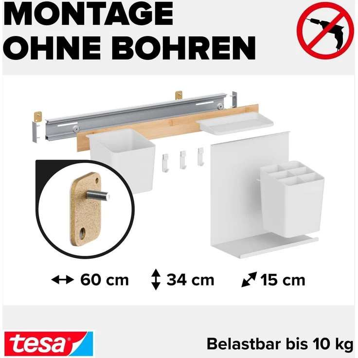 tesa Hakenleiste tesa Küchen-Organizer Kombi-Set M - selbstklebende Küchenleiste, (Komplett-Set, 6 St, inkl. Kräutertopf, 2 Ablagen, Utensilienhalter, Hakenleiste (3 Haken), Flexible Organisationsleiste für die Küche, Montage ohne Bohren – Bild 4