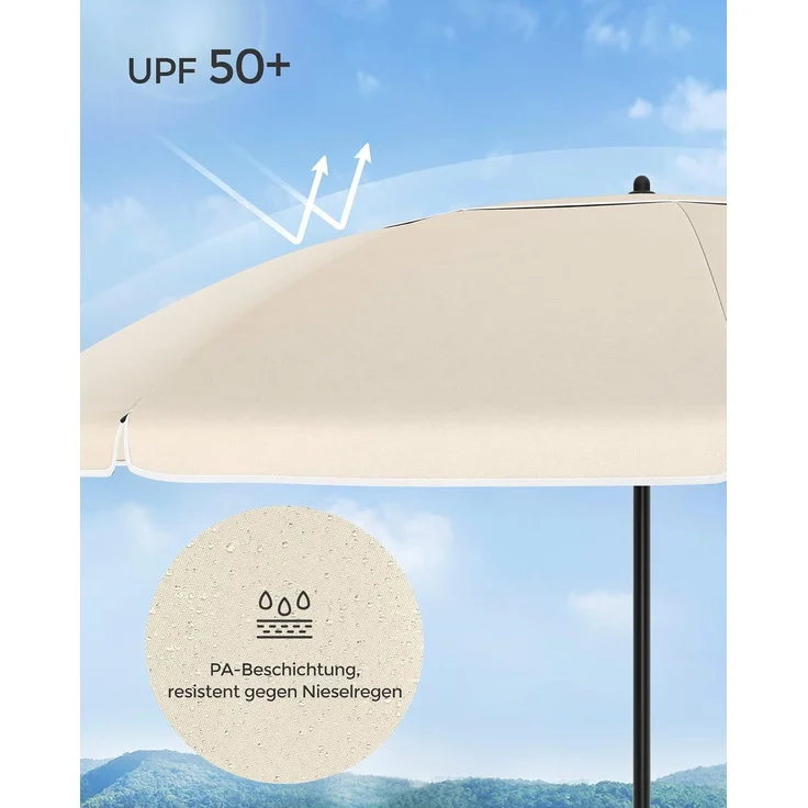 SONGMICS Sonnenschirm 160 cm, Sonnenschutz, UPF 50+, Strandschirm, beidseitig um 30° knickbar, höhenverstellbar, mit Tragetasche, für Balkon, Garten, Terrasse, Strand, ohne Ständer, beige GPU60WTV1 – Bild 5