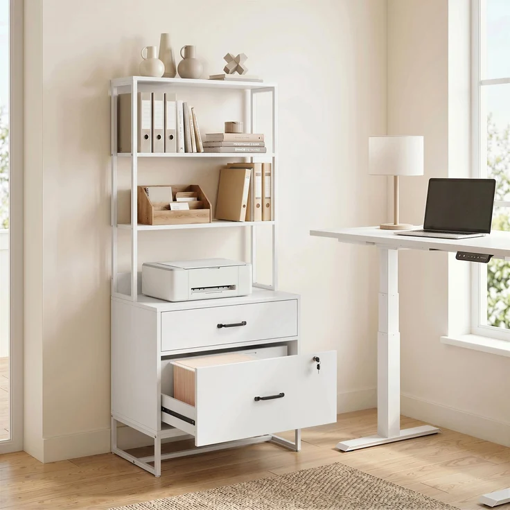 MELAYR, Aktenschrank mit Regal, 2 Schubladen, Arbeitsplatte für Drucker, 70 x 40 x 157 cm, Weiß – Bild 4