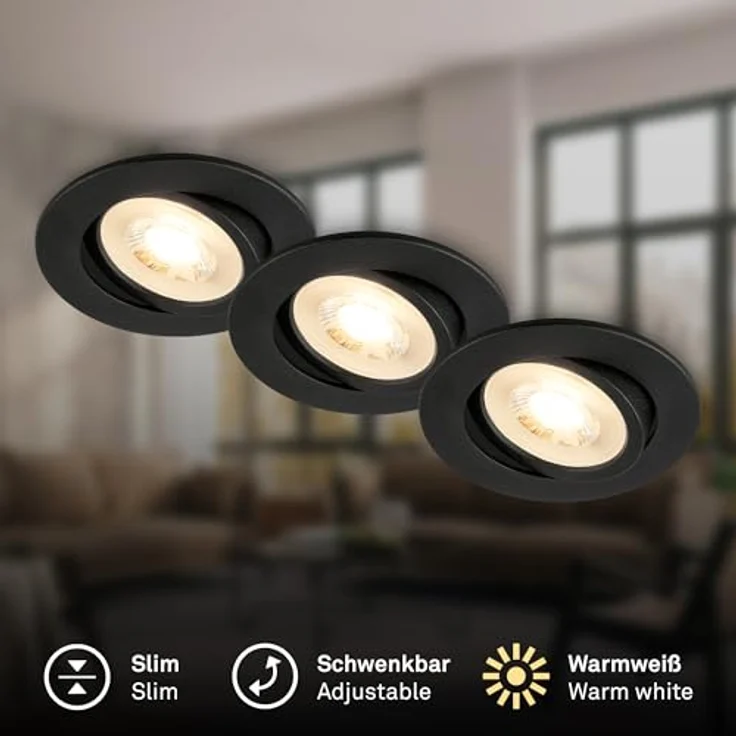 BRILONER 3er Set LED Einbaustrahler, schwenkbar, warmweiß, 68mm Lochmaß, flach, Schwarz – Bild 2